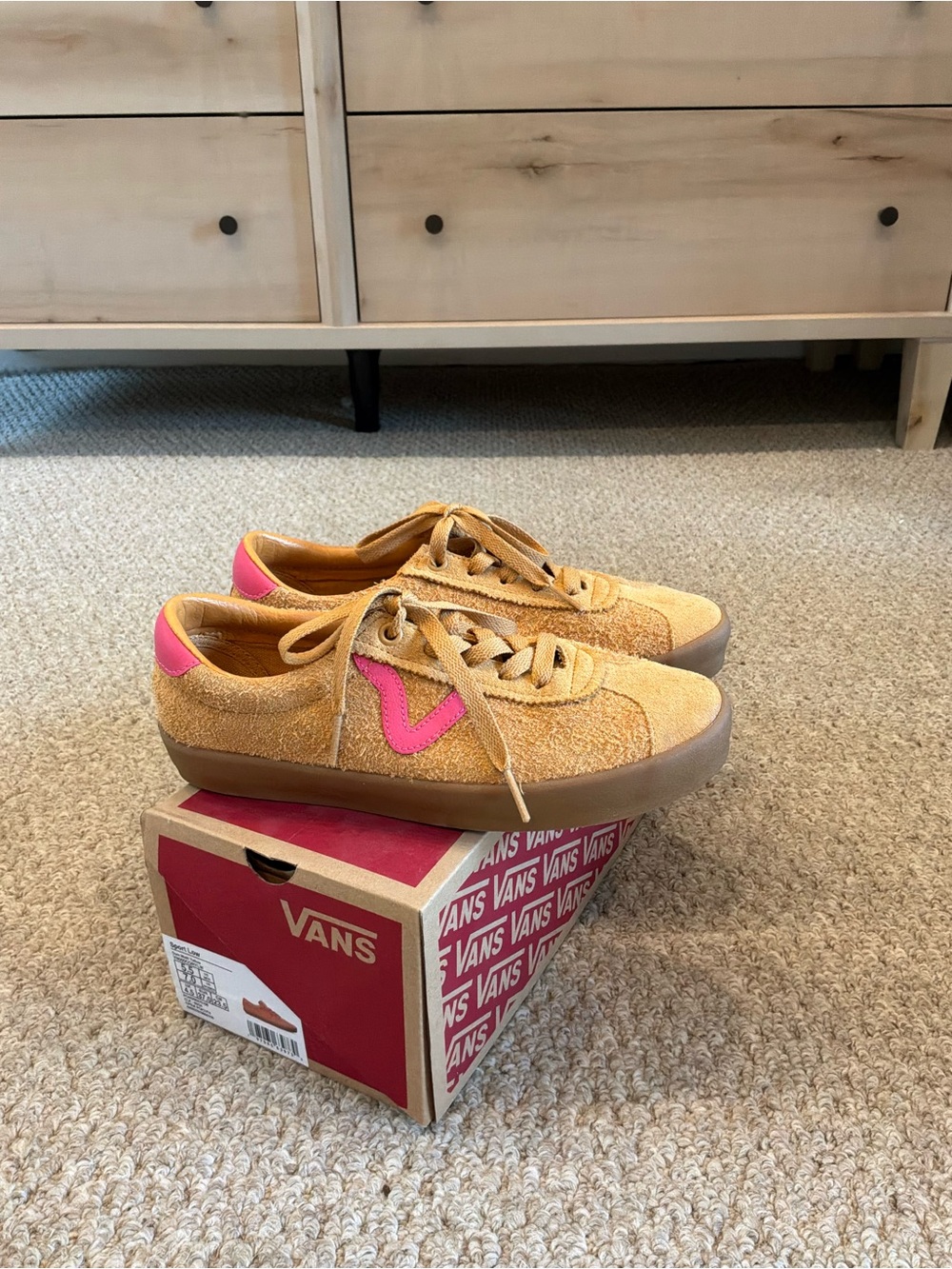 Vans Tan Suede Sneakers with Pink Accent